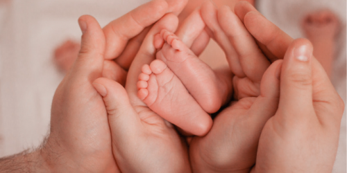 an adult's hands holding a child's hand's holding a baby's feet